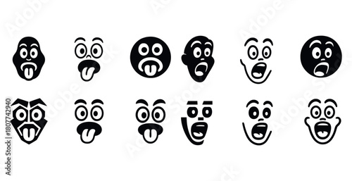 Collection of cartoon faces with expressive features and silly expressions