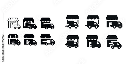 Set of delivery truck icons with canopy and shop elements