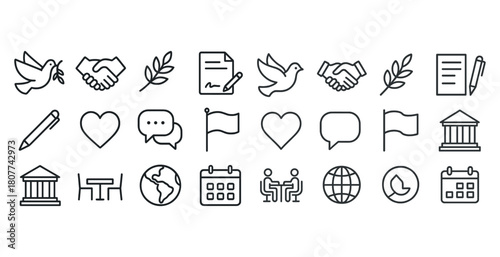 Peace and communication icon set illustrating unity and dialogue