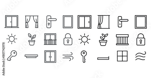 Window and door line icons set with locks and keys