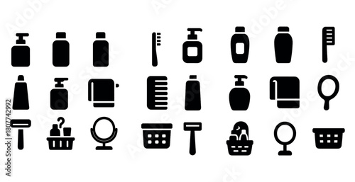Bathroom essentials icons: soap, shampoo, brush, mirror, towel, razor