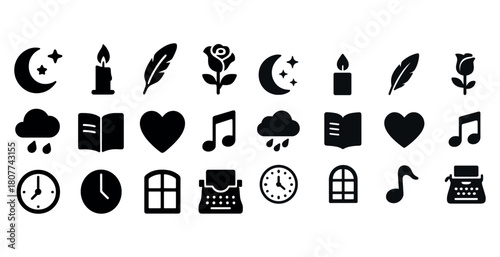 Set of black silhouette icons: candle, feather, rose, moon, rain, book, heart, music note, clock, window, typewriter