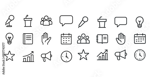 Set of communication, planning, and idea icons with microphone, calendar, and light bulb