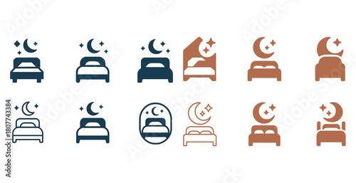 Set of night-themed bed icons with moon and stars