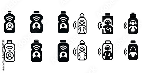 Icon set of wireless communication devices with user and signal symbols