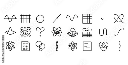 Collection of 25 scientific icons representing physics and mathematics concepts