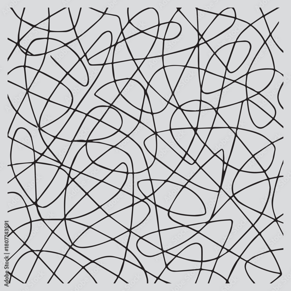 Fototapeta premium Abstract black scribbled lines and curves creating a complex chaotic and energetic pattern on a light gray background