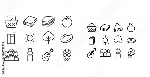 Outline icons of picnic items and nature elements in black and white