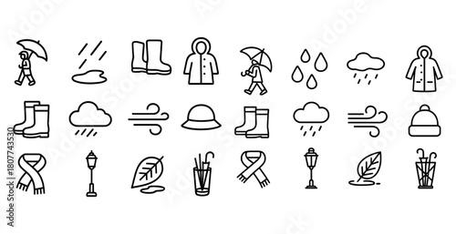 Minimalistic weather icons with rain, wind, and clothing elements