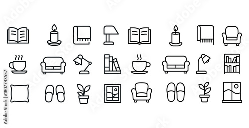 Cozy home essentials icons: armchair, lamp, candle, coffee, books, plants, slippers, cup, bookshelf