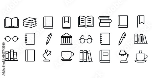 Collection of minimalist book and stationery icons