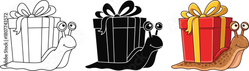 A charming cartoon snail carries a festively wrapped red gift box with a golden ribbon, alongside its outline and silhouette versions for versatile use.