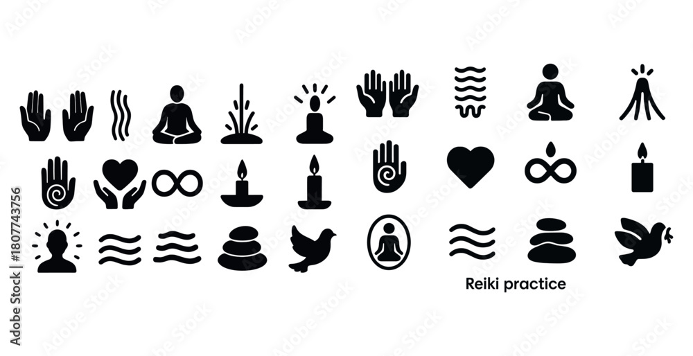 Naklejka premium Reiki practice icons: hands, meditation, energy, candle, balance symbols