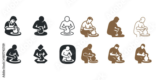 Diverse pottery icon set: male and female artisans crafting clay