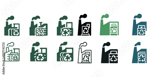 Set of industrial recycling icon designs with smoke and green elements
