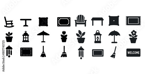 Home and garden icon set: furniture, decor, plants, welcome sign and table