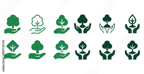 Set of green tree and hand icons for environment and nature conservation themes