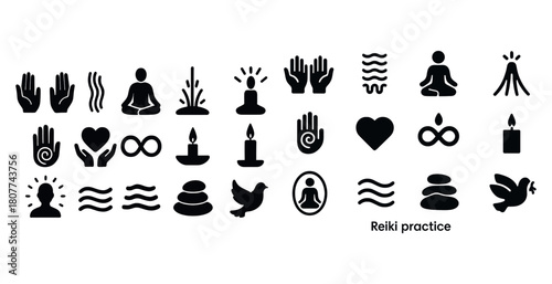 Reiki practice icons: hands, meditation, energy, candle, balance symbols