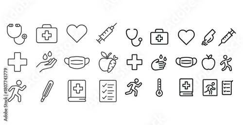 Medical icons collection: healthcare, heart, mask, apple, stethoscope, syringe, checklist, running