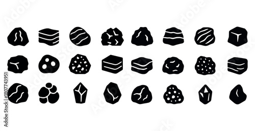 Collection of various mineral rock silhouettes on white background