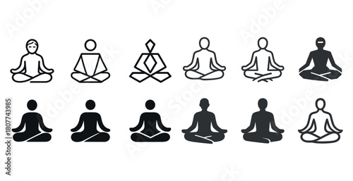 Diverse yoga pose icons: human figures in meditation and lotus positions