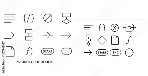 Pseudocode flowchart symbols and diagram elements for programming design