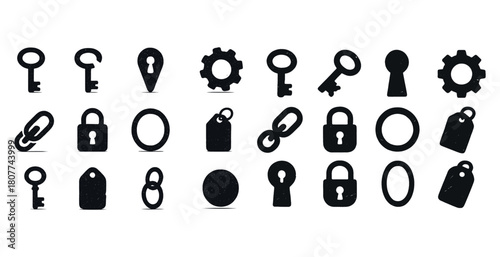 Variety of black silhouette keys locks tags and gears collection