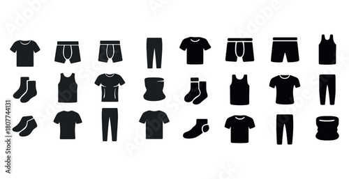 Black silhouette icons of various clothing items including shirts pants socks