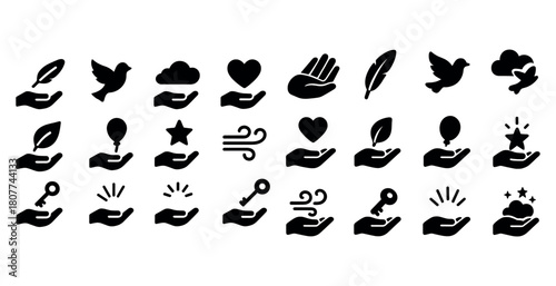 Collection of hand icons with nature, love, and symbolic elements