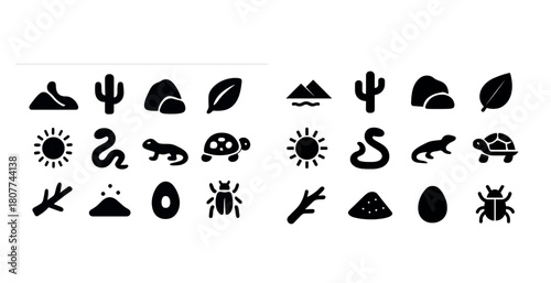 Stylized nature icons set with cactus, sun, and turtle illustrations in black