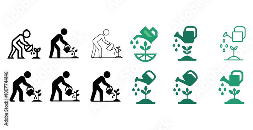 Icon set of people watering plants with watering cans in various styles