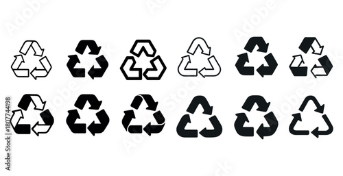Collection of twelve black and white recycling symbols