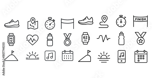 Line icons of running and fitness: shoes, medals, maps, watches