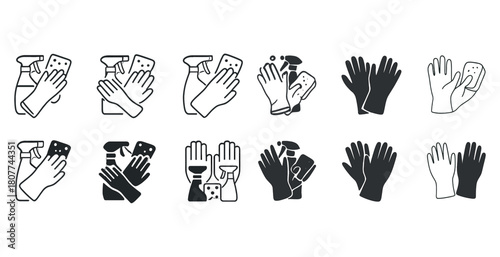 Set of cleaning and household gloves icons in various styles