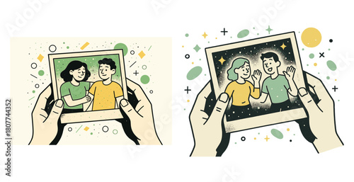 Hands holding happy polaroid memories of smiling male and female couples