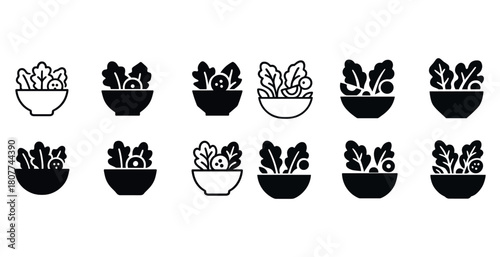 Twelve variations of salad bowl icons in black and white design