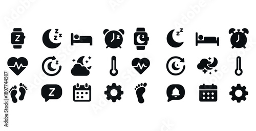 Sleep and health symbols: night, alarm, heartbeat, cloud, gear icons
