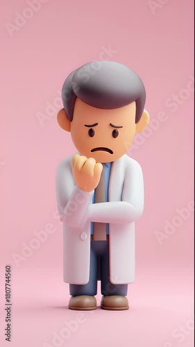 Animated Doctor in White Coat Thinking Deeply on Pink Background.