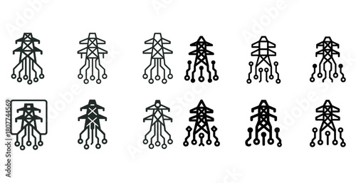 Black and white circuit-inspired electric tower icons set