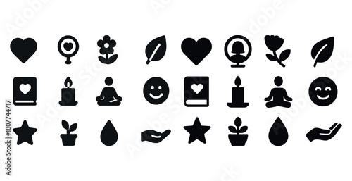 Collection of wellness and nature icons including meditation, plants, and hearts