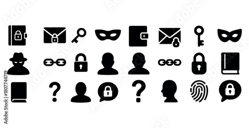 Security icons collection featuring locks keys masks fingerprint and hacking symbols
