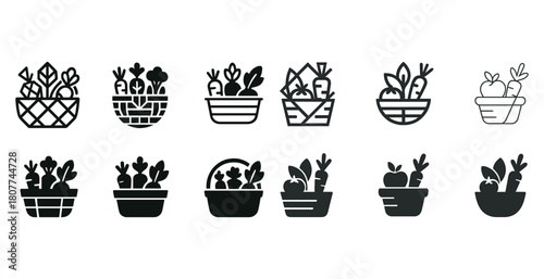 Set of black and white vegetable icon baskets