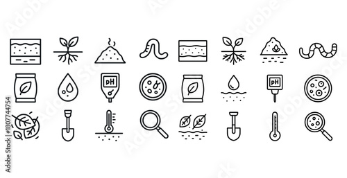 Soil and gardening icon set featuring compost, ph, thermometer, and more