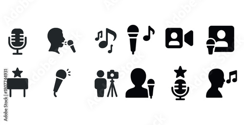 Microphone and music icon set featuring singing and recording elements