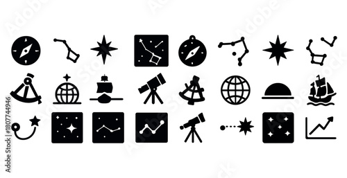 Astronomy icons collection: telescope, compass, constellations, nautical elements, star, globe