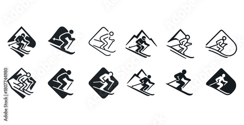 Stylized skiing icons set featuring dynamic skiers in various poses