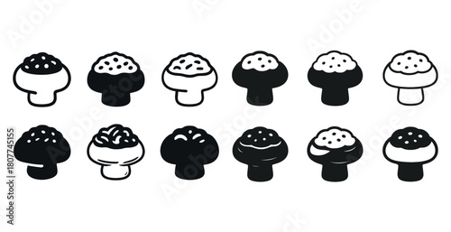 Monochrome mushroom silhouettes: diverse styles and patterns