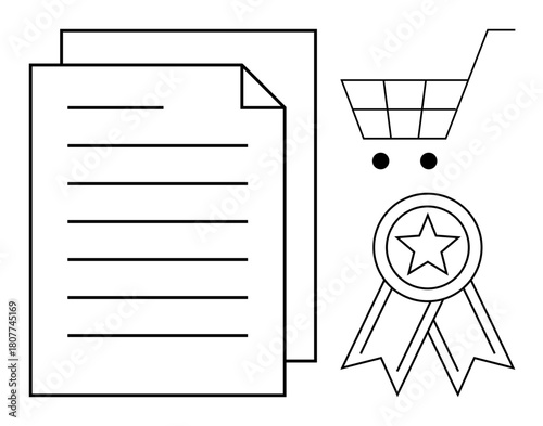 Document aligned with shopping cart and star badge. Ideal for certifications, e-commerce, online shopping, quality assurance, business contracts, compliance, and achievements. Minimalist flat