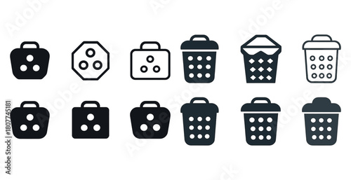 Variety of geometric basket icons in black and white design