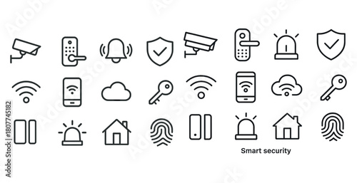 Smart home security icons for surveillance and alarm systems